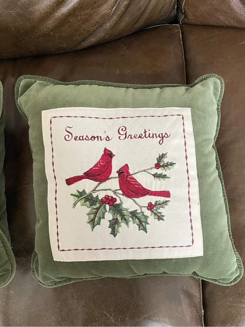 Green Velvet Green “Season’s Greeting”  Cardinal Holiday Throw Pillow 12”X12”